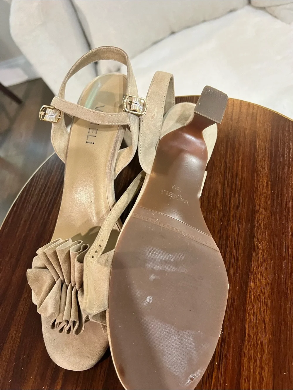 VANELi Beige Nude Suede Ruffle Ankle Strap Kitten Heel Sandals, size 10